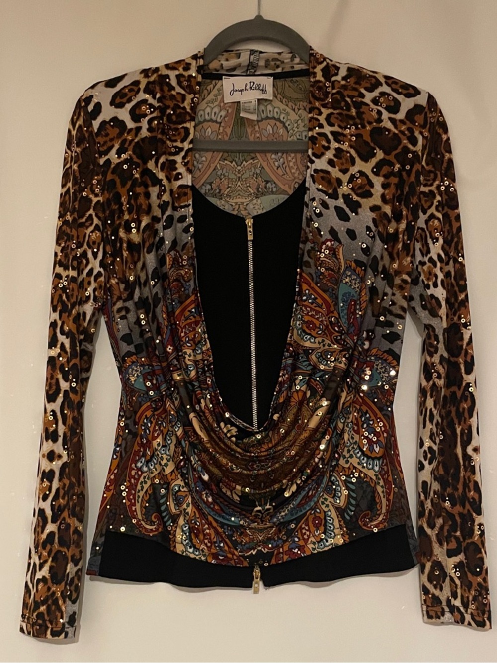 Joseph Ribkoff Leopard & Paisley Sequin Draped Cowl Neck Blouse